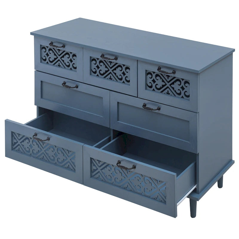 Commode horizontale à 7 tiroirs de style rétro avec panneau de tiroirs sculpté