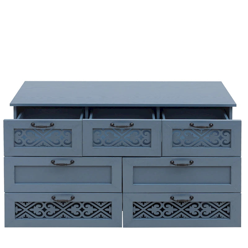 Commode horizontale à 7 tiroirs de style rétro avec panneau de tiroirs sculpté