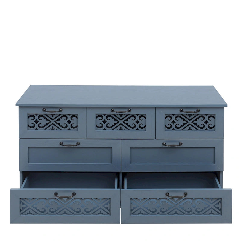 Commode horizontale à 7 tiroirs de style rétro avec panneau de tiroirs sculpté