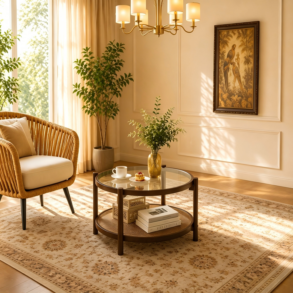 Table basse ronde en bois avec plateau en verre trempé fait main