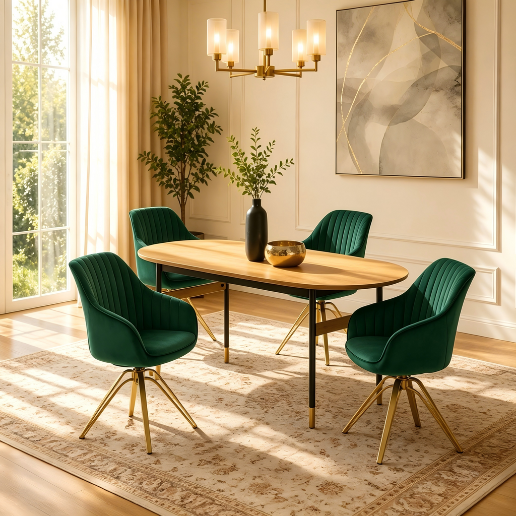 Fauteuil pivotant en velours vert et doré
