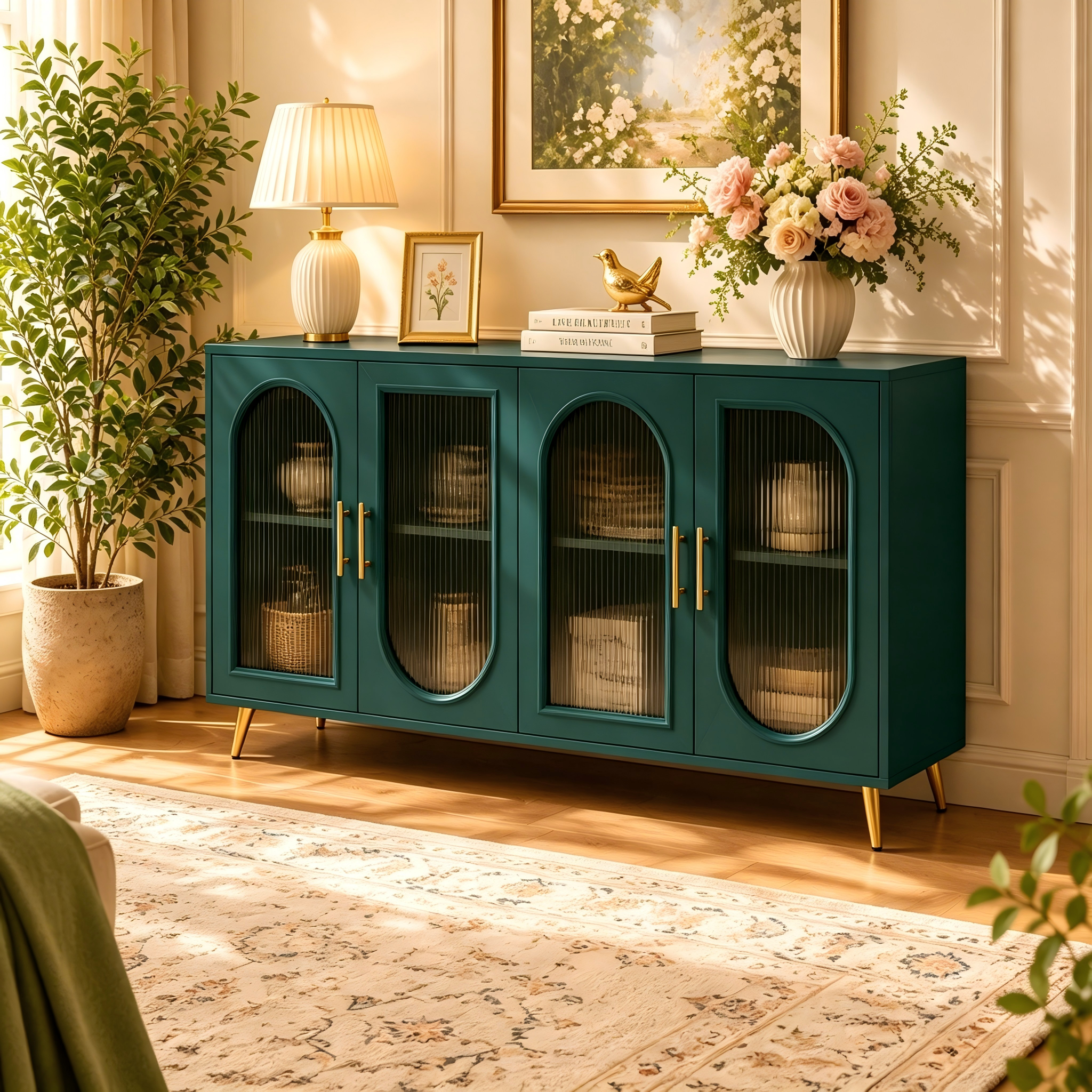 Meuble TV en bois avec armoire de rangement et étagères réglables