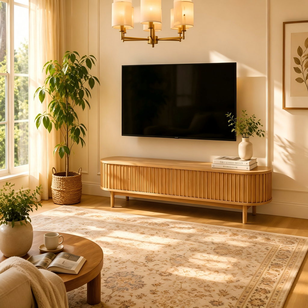 Meuble TV bas coulissant arrondi Mid-Century Modern en bois naturel