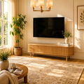 Meuble TV bas coulissant arrondi Mid-Century Modern en bois naturel