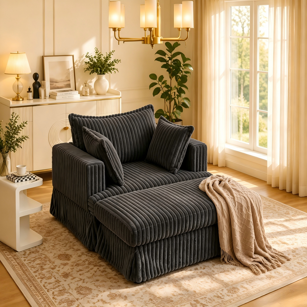 Chaise longue surdimensionnée et rembourrée moderne avec pouf et oreillers
