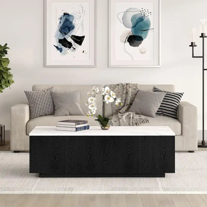 Grande table basse rectangulaire avec plateau effet marbre