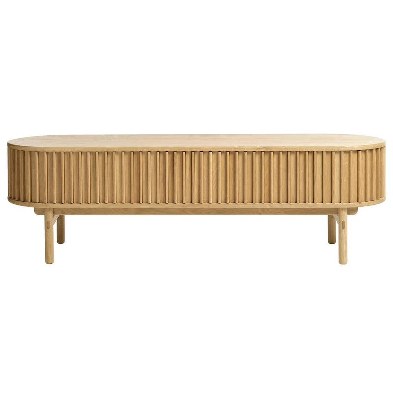 Meuble TV bas coulissant arrondi Mid-Century Modern en bois naturel