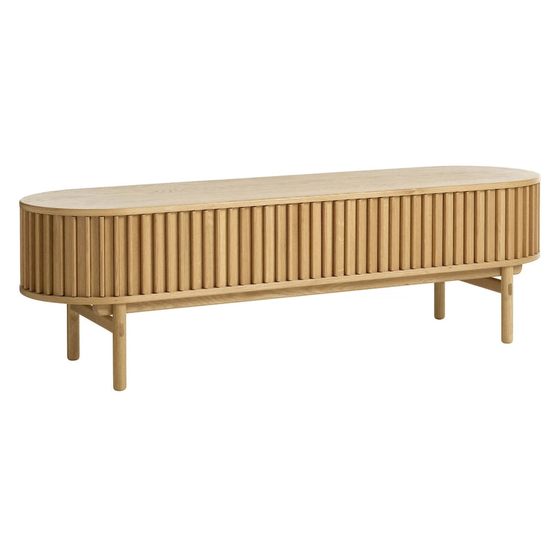 Meuble TV bas coulissant arrondi Mid-Century Modern en bois naturel