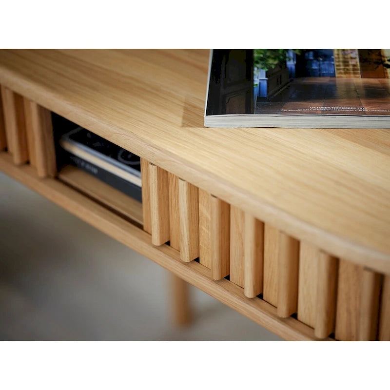 Meuble TV bas coulissant arrondi Mid-Century Modern en bois naturel