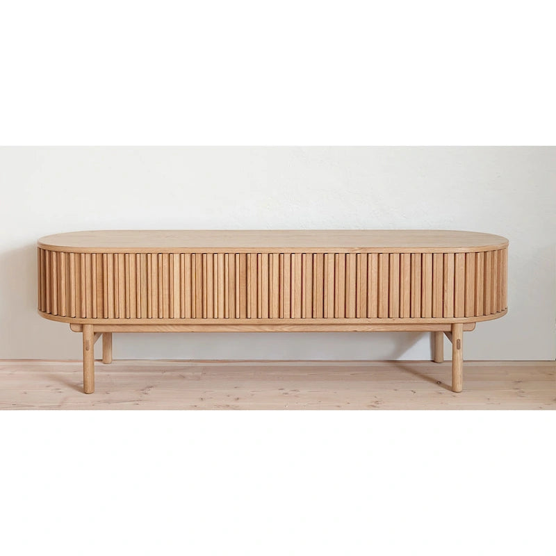 Meuble TV bas coulissant arrondi Mid-Century Modern en bois naturel