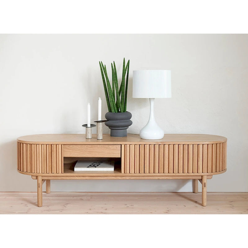 Meuble TV bas coulissant arrondi Mid-Century Modern en bois naturel