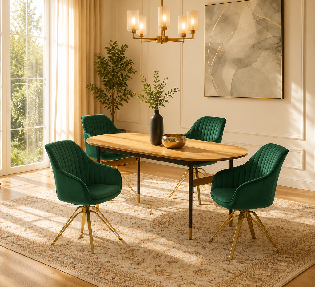 Fauteuil pivotant en velours vert et doré