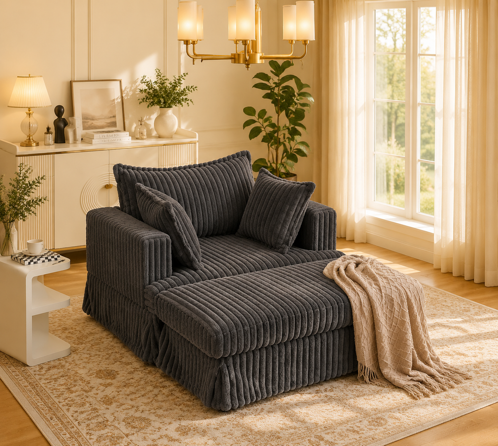 Chaise longue surdimensionnée et rembourrée moderne avec pouf et oreillers