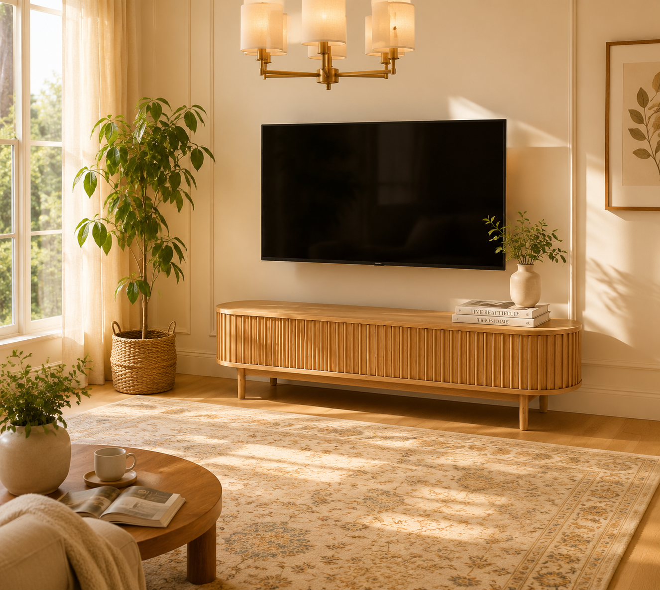 Meuble TV bas coulissant arrondi Mid-Century Modern en bois naturel