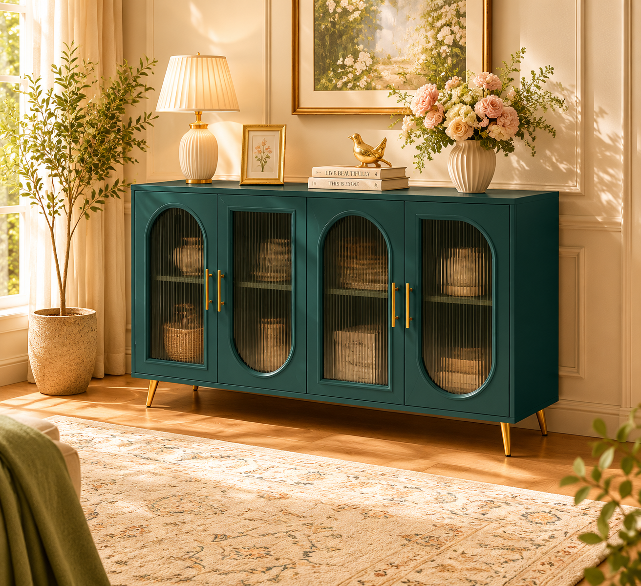 Meuble TV en bois avec armoire de rangement et étagères réglables